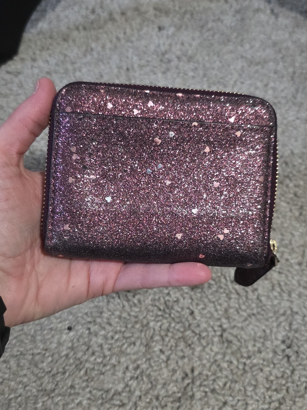 Coach Glitter Sequin Heart Zip Around Small Bifold Wallet Coin Raspberry - Picture 2 of 13